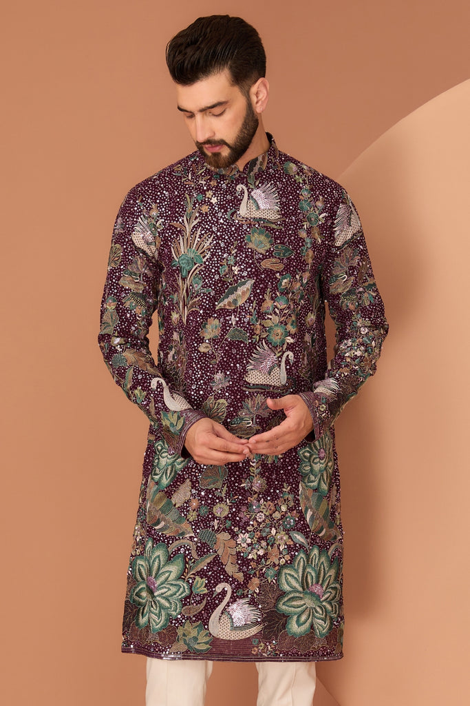 WINE KURTA WITH FLORA-FAUNA MOTIFS AND INTRICATE MULTI-THREAD AND SEQUIN EMBROIDER