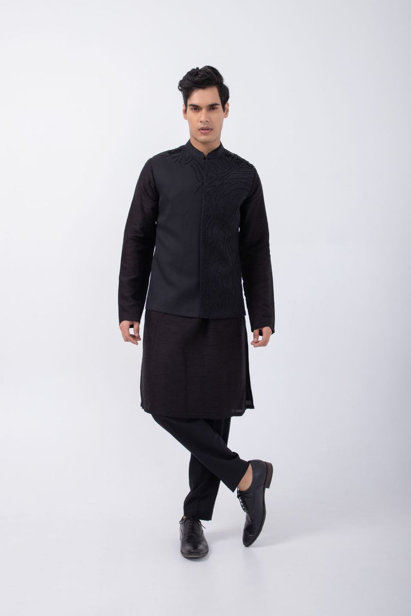 BLACK PINTUCK KURTA WITH BLACK 3D EMBRIODERED BUNDI