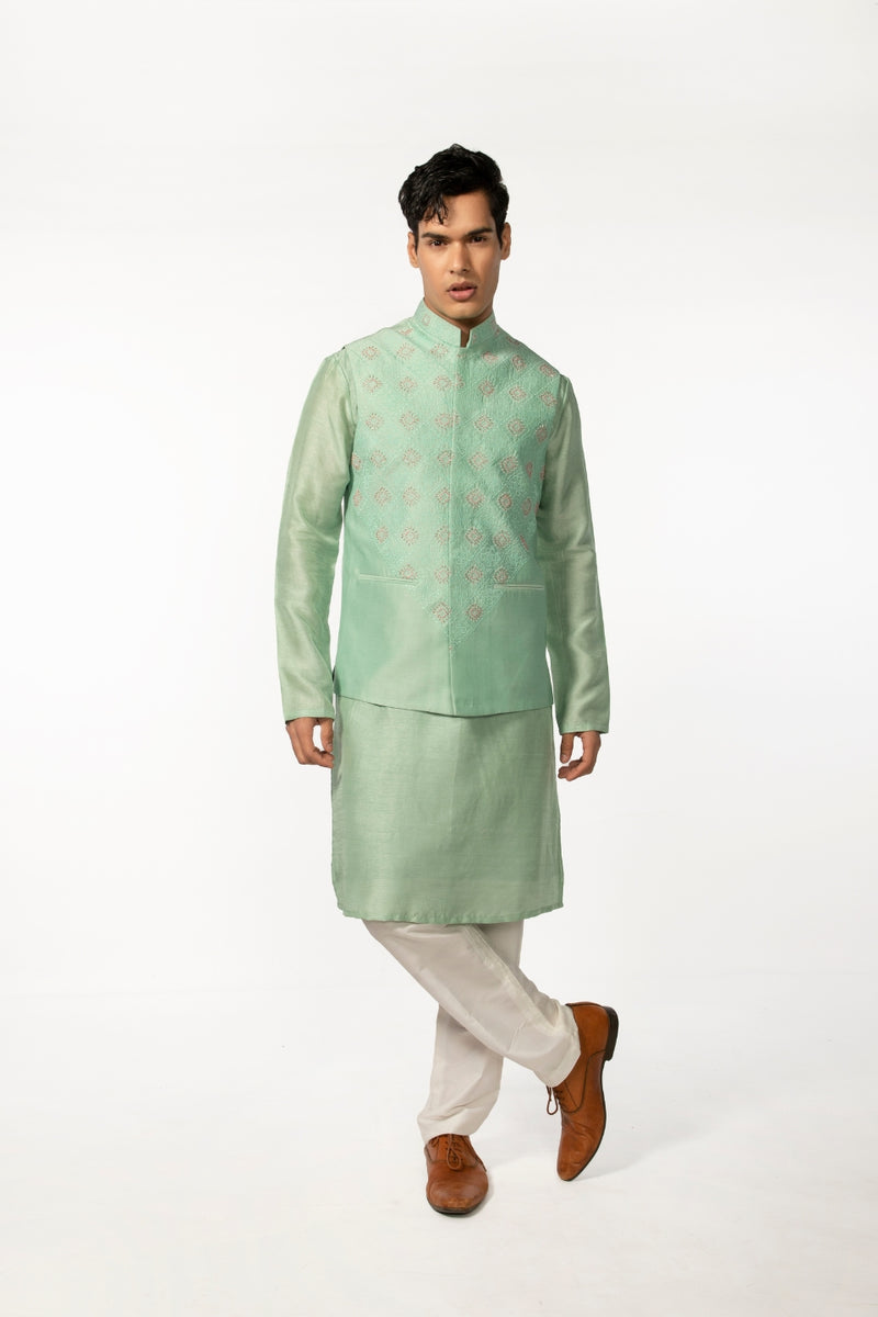 SEA GREEN HAND EMBROIDERED BUNDI WITH SEA GREEN HAND EMBROIDERED KURTA SET