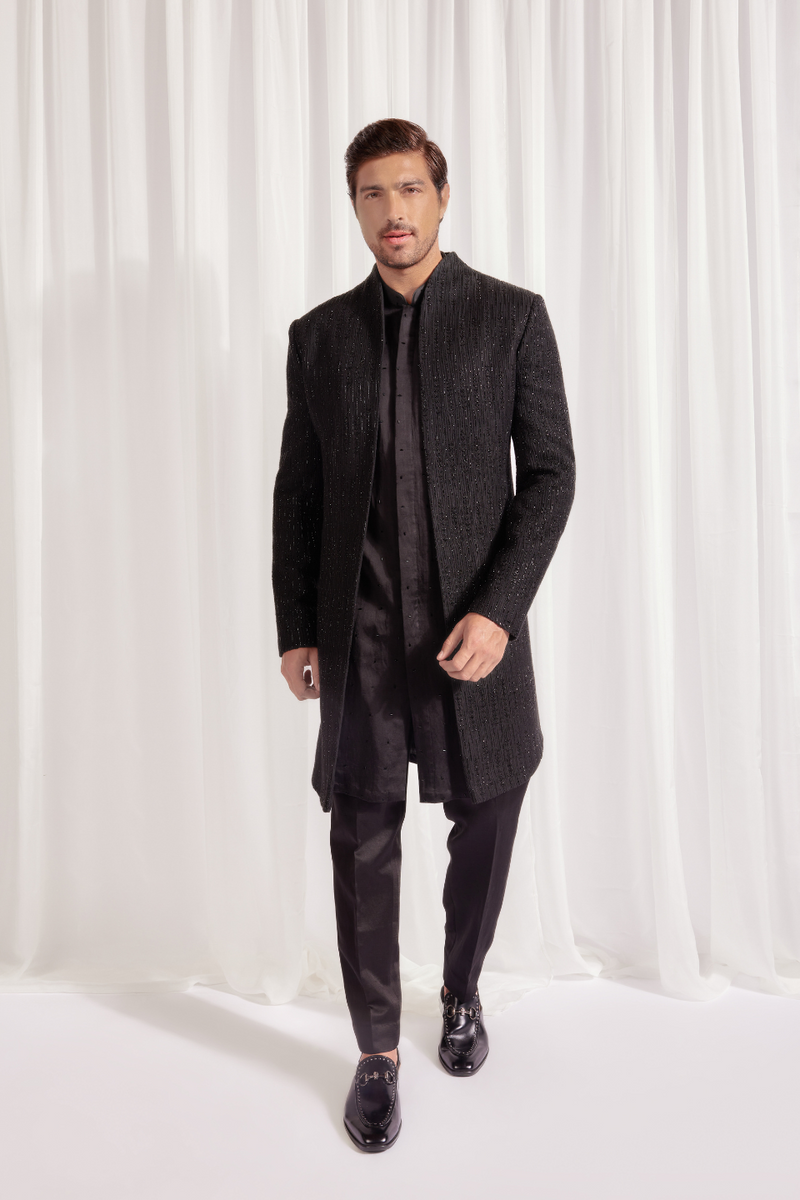 COLLARLESS OPEN ACHKAN WITH UNDER KURTA AND SLIM PANT