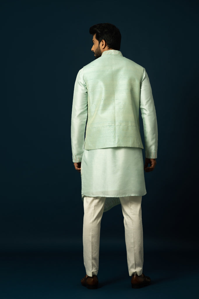 SEAFOAM FIREWORK DOUBLE-LAYERED KURTA & NEHRU SET