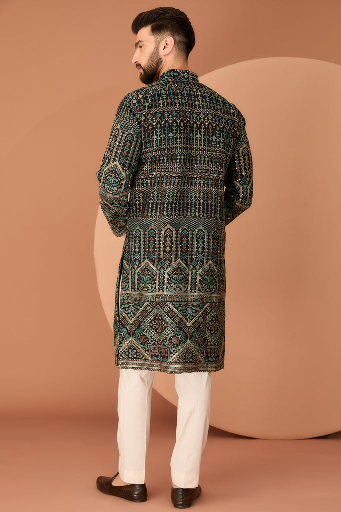 BLACK KASHMIRI EMBROIDERED KURTA WITH INTRICATE MULTI-THREADWORK