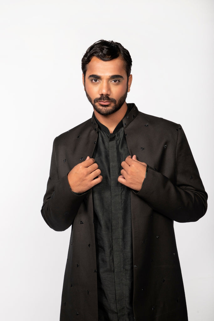 OLIVE EMBROIDERED OPEN JACKET WITH KURTA SET