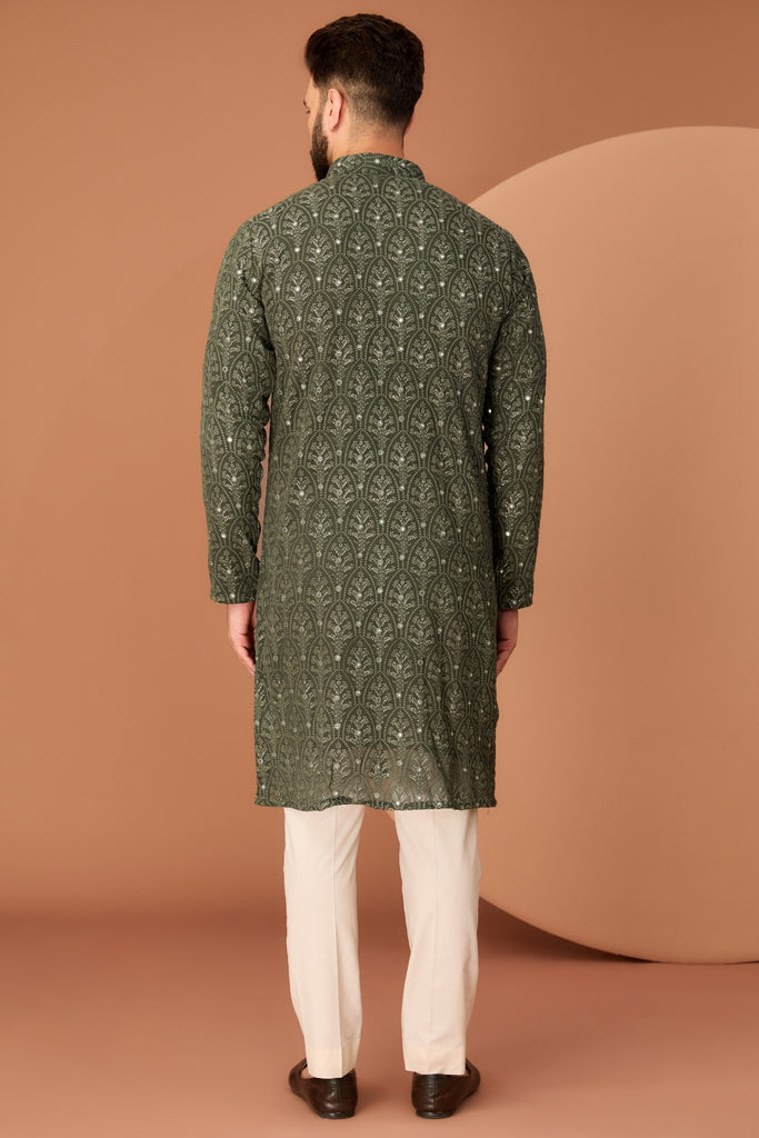 MILITARY GREEN CHIKANKARI KURTA