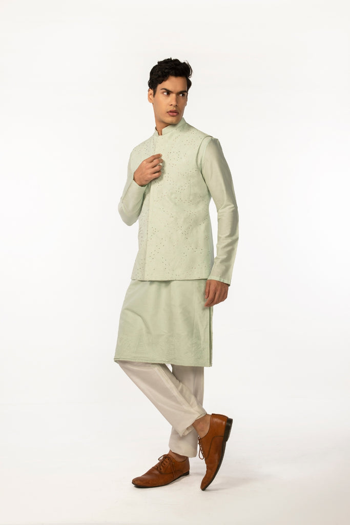 SOOTHING GREEN EMBROIDERED WITH HIGHLIGHTS BUNDI WITH GREEN EMBROIDERED KURTA SET