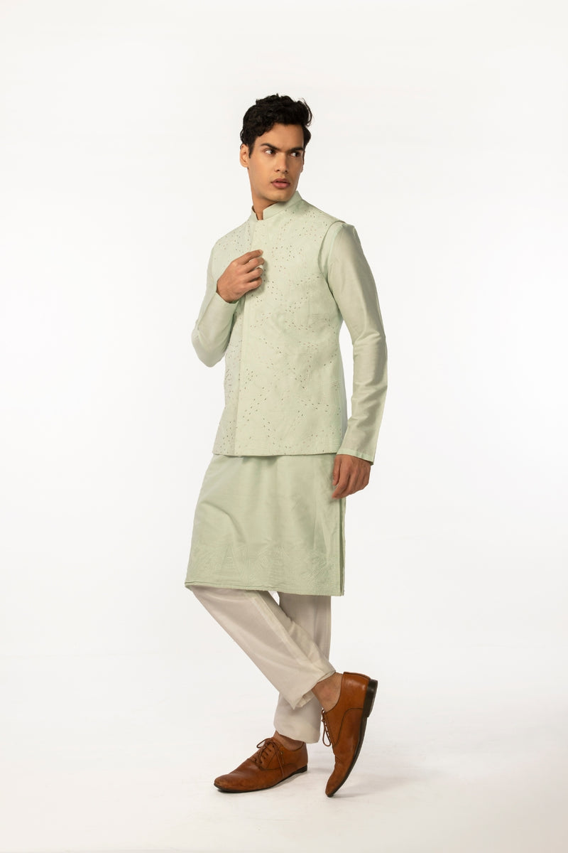 SOOTHING GREEN EMBROIDERED WITH HIGHLIGHTS BUNDI WITH GREEN EMBROIDERED KURTA SET