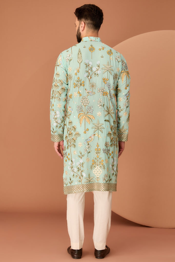 DARK AQUA BLUE FLORA-FAUNA EMBROIDERED KURTA
