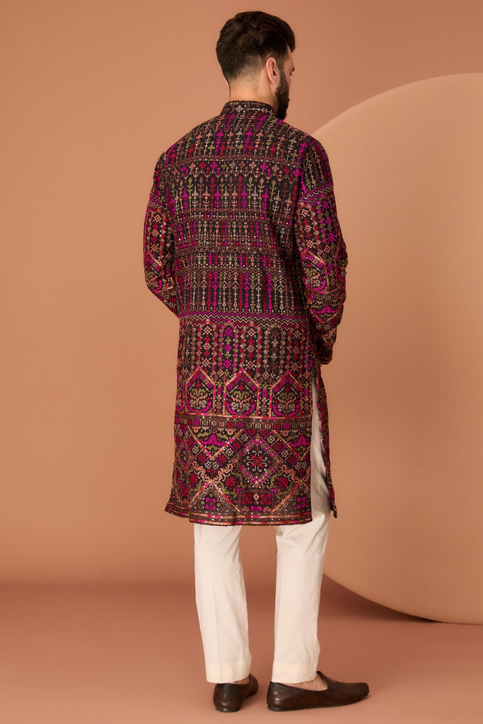 BLACK KASHMIRI EMBROIDERED KURTA WITH INTRICATE MULTI-THREADWORK