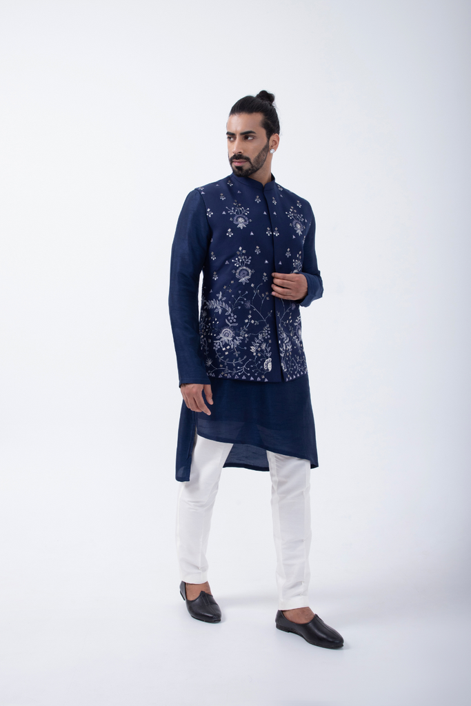 BLUE KURTA SET WITH BLUE HEAVY GARDEN EMBRIODERED BUNDI