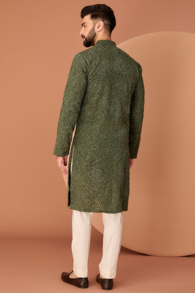 MILITARY GREEN FLORAL EMBROIDERED KURTA