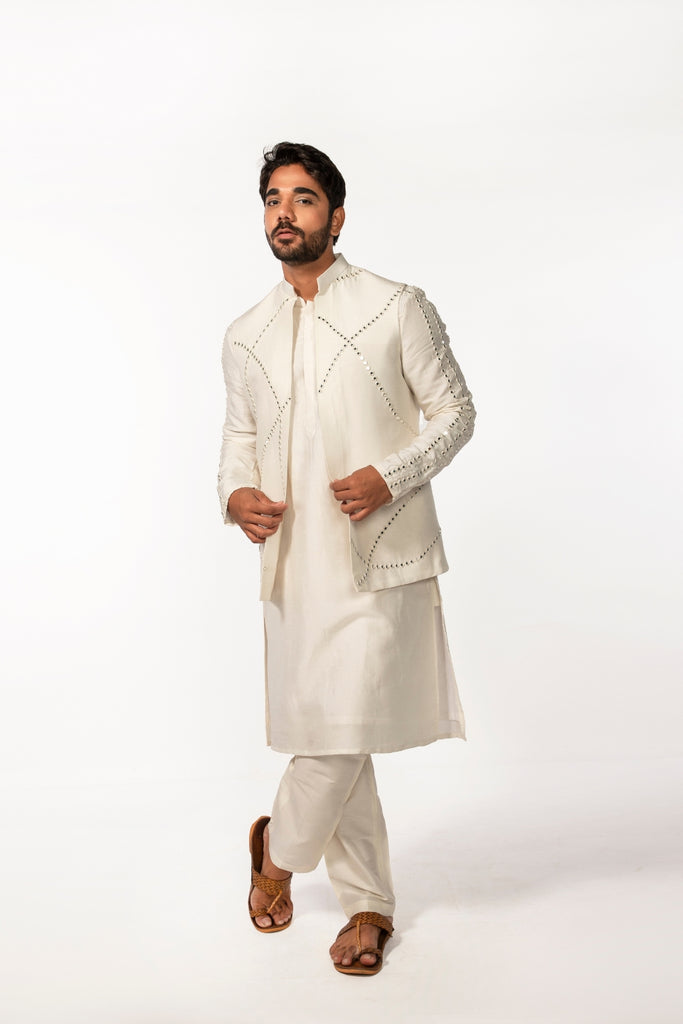 IVORY MIRROR BUNDI WITH IVORY SLEEVE MIRROR KURTA