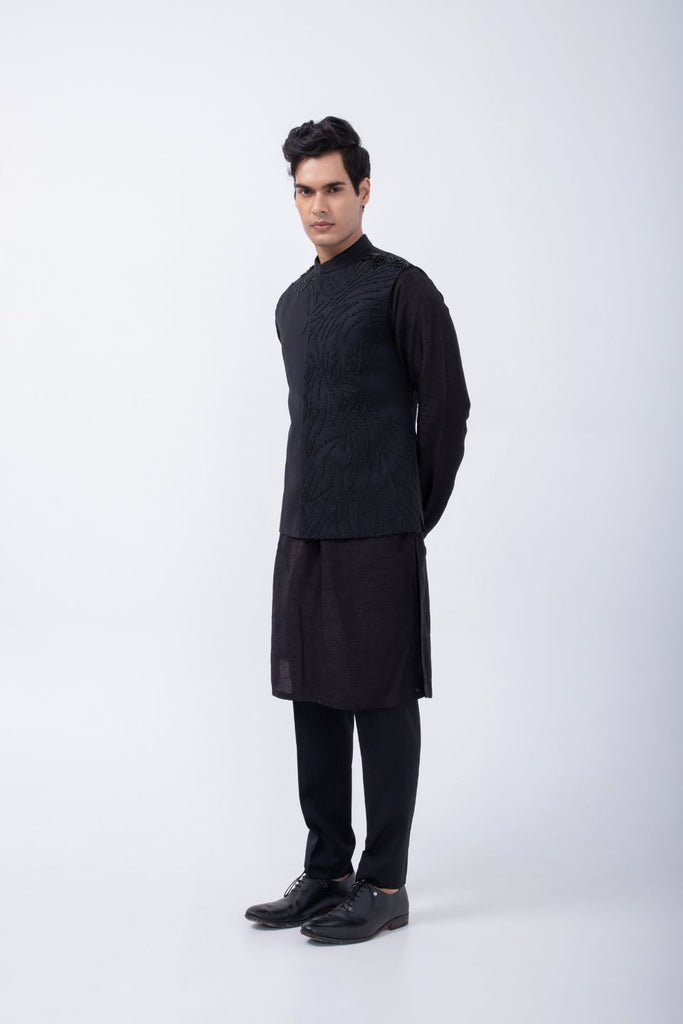 BLACK PINTUCK KURTA WITH BLACK 3D EMBRIODERED BUNDI