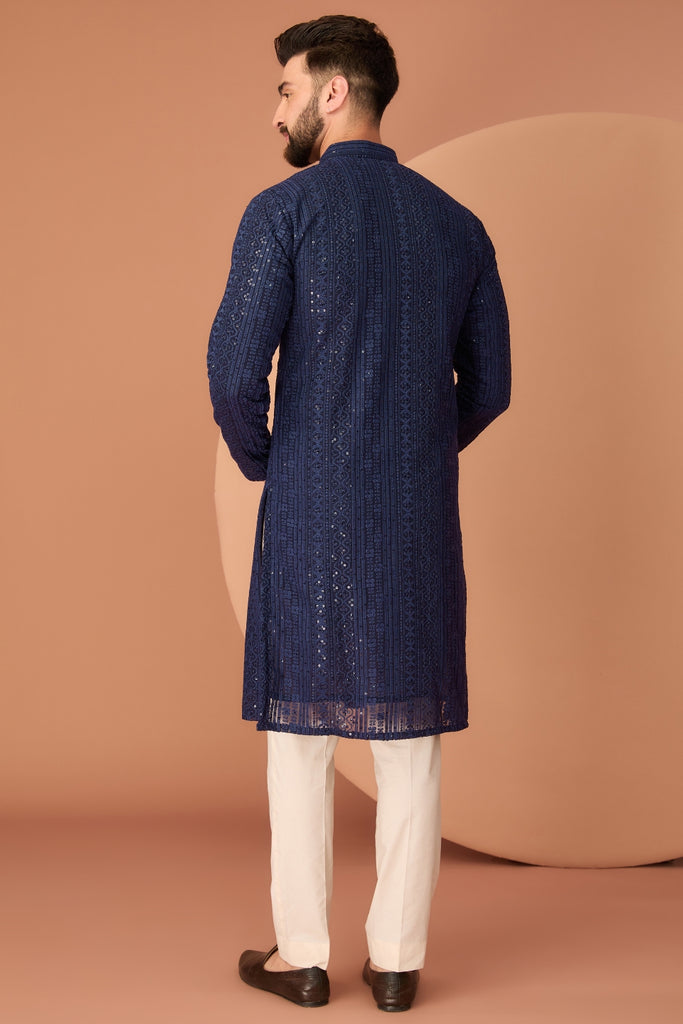 NAVY BLUE CHIKANKARI KURTA WITH INTRICATE THREAD AND SEQUIN WORK