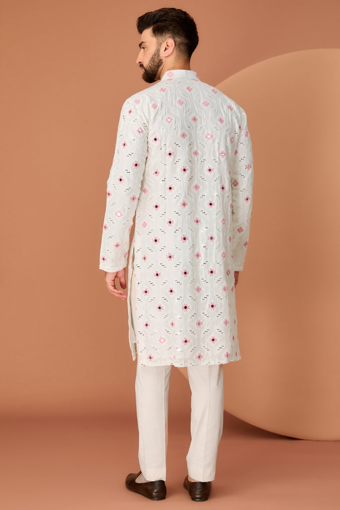 WHITE MIRROR WORK KURTA WITH INTRICATE PINK THREAD DETAILING