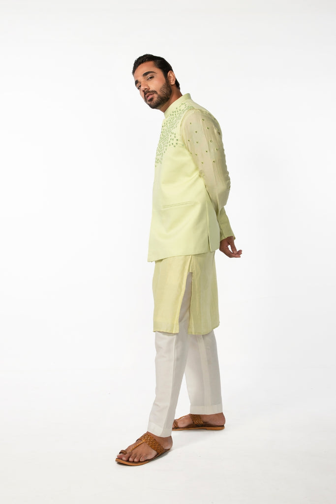 MINT GREEN ABSTRACT MIRROR BUNDI WITH MINT GREEN MIRROR ABSTRACT KURTA SET