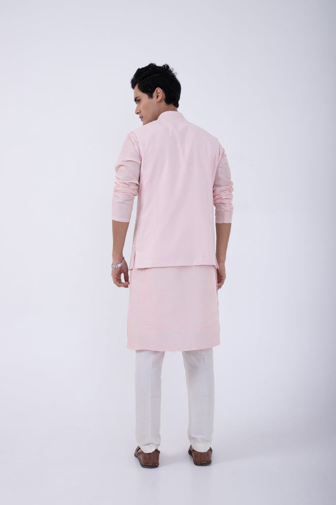 PASTEL PINK PINTUCK KURTA SET WITH PASTEL PINK GARDEN EMB BUNDI
