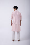 PASTEL PINK PINTUCK KURTA SET WITH PASTEL PINK PEACOCK IN A GARDEN BUNDI
