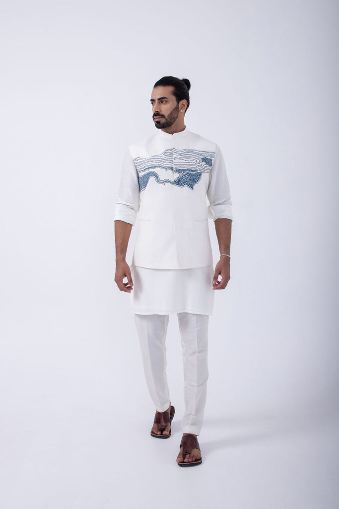 IVORY KURTA SET WITH IVORY PLACMENT ABSTRACT EMBRIODERD BUNDI