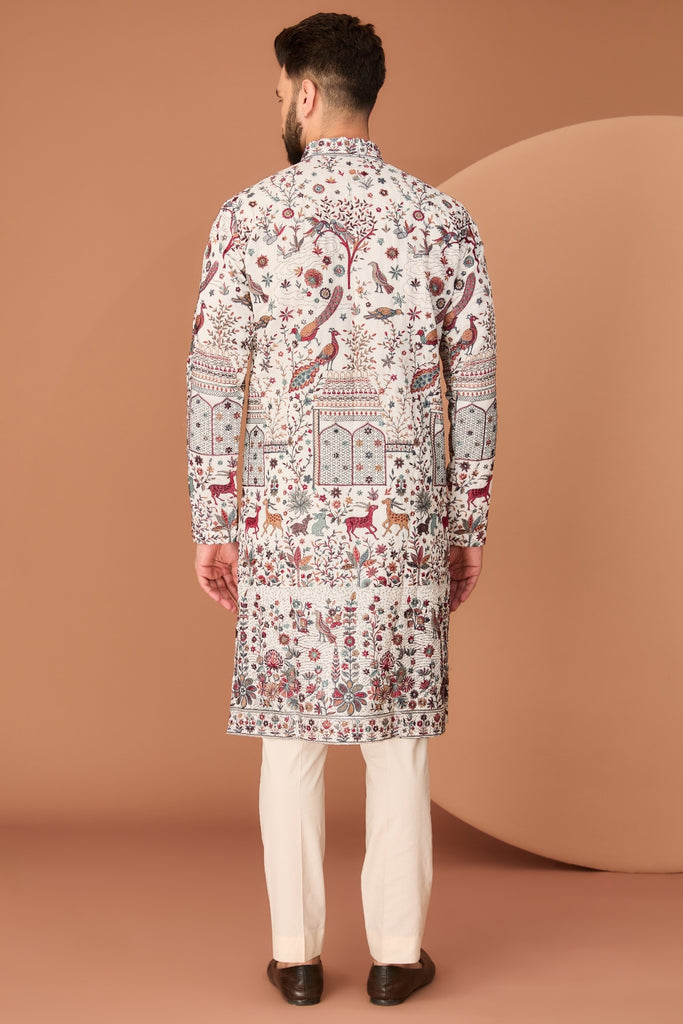 WHITE KURTA WITH FLORA-FAUNA MOTIFS