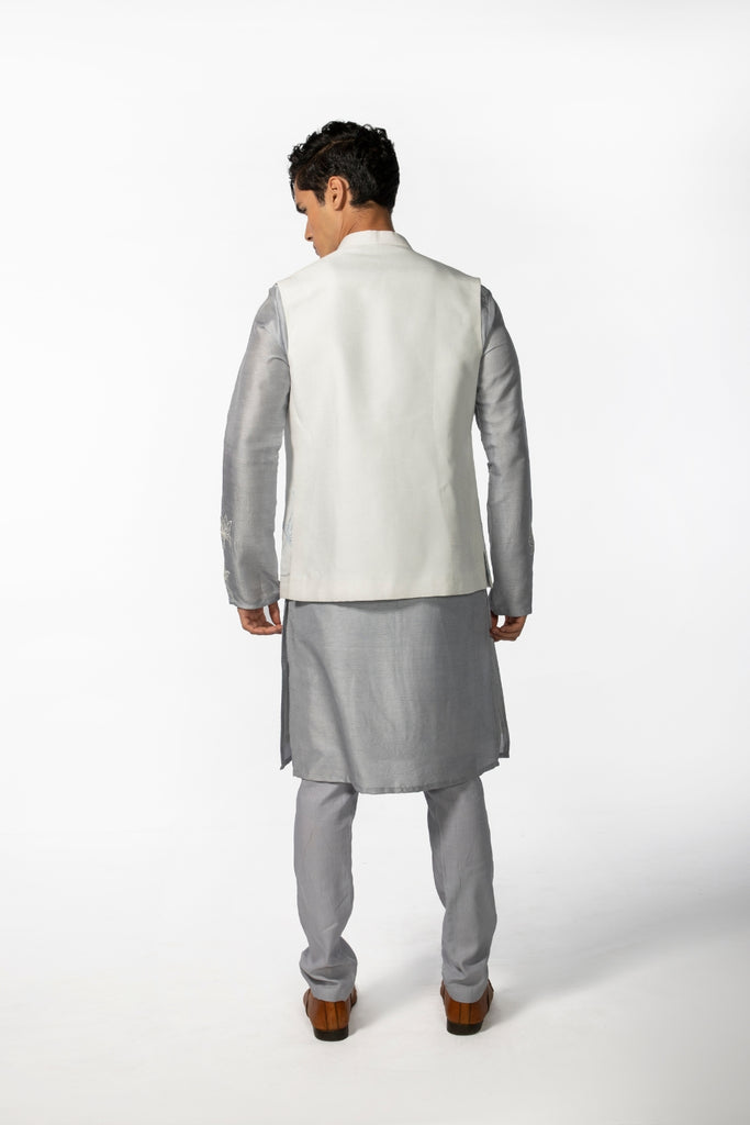 IVORY LOTUS OPEN BUNDI WITH GREY LOTUS KURTA SET