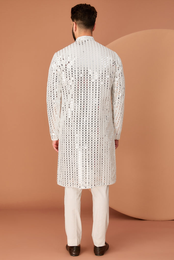 WHITE MIRROR WORK KURTA WITH HAND EMBROIDERED NECK-LINE