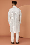 WHITE MIRROR WORK KURTA WITH HAND EMBROIDERED NECK-LINE