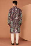 WINE KURTA WITH FLORA-FAUNA MOTIFS AND INTRICATE MULTI-THREAD AND SEQUIN EMBROIDER