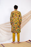 OAKRE-YELLOW HAND-PAINTED FLORAL KALAMKARI KURTA SET.