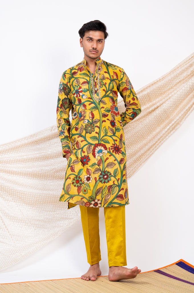 OAKRE-YELLOW HAND-PAINTED FLORAL KALAMKARI KURTA SET.