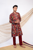 MAROON HAND-PAINTED FLORAL KALAMKARI KURTA SET.
