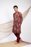 MAROON HAND-PAINTED FLORAL KALAMKARI KURTA SET.