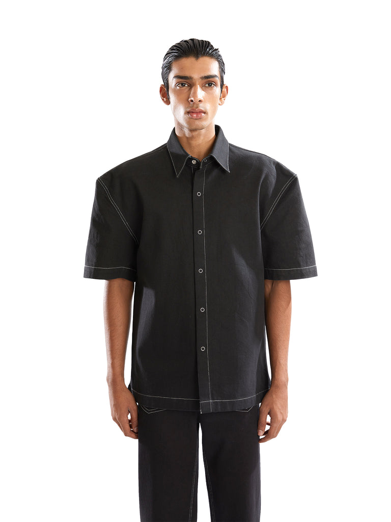 BLACK DENIM POWER SHOULDER SHIRT