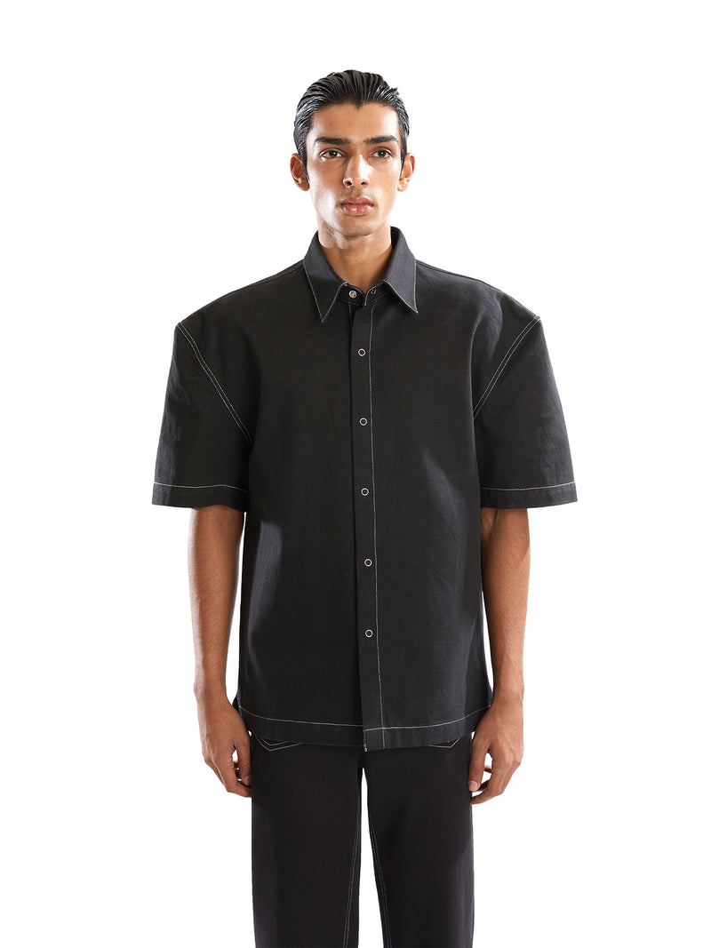 BLACK DENIM POWER SHOULDER SHIRT