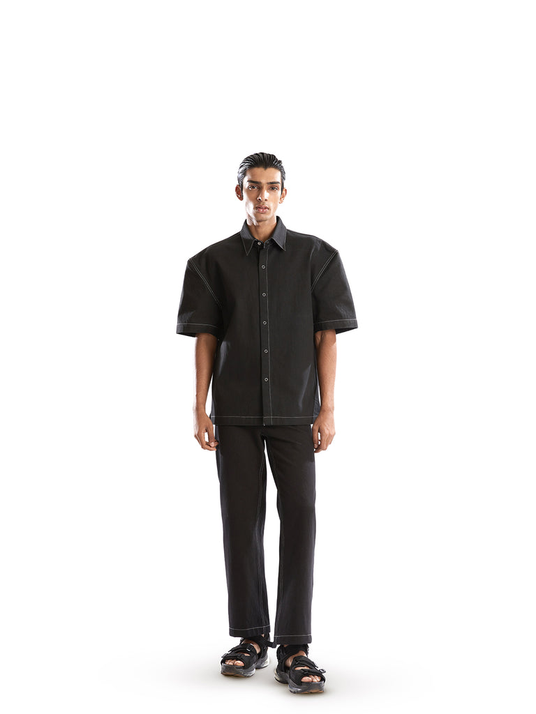 BLACK DENIM POWER SHOULDER SHIRT