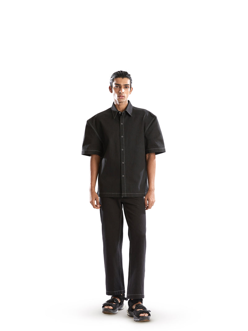 BLACK DENIM POWER SHOULDER SHIRT