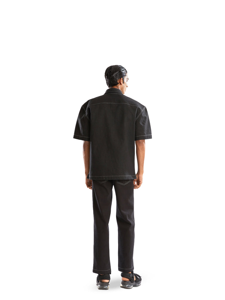 BLACK DENIM POWER SHOULDER SHIRT