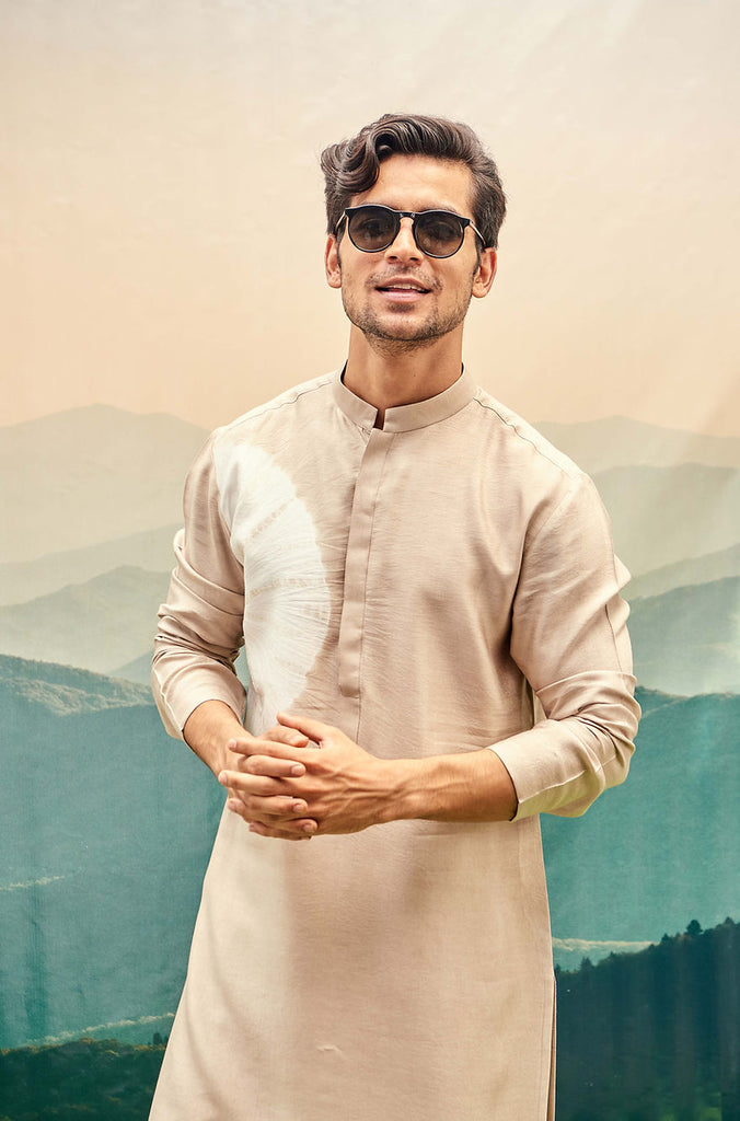 STONE BEIGE KURTA SET WITH SEMI CIRCLE TIE-DYE