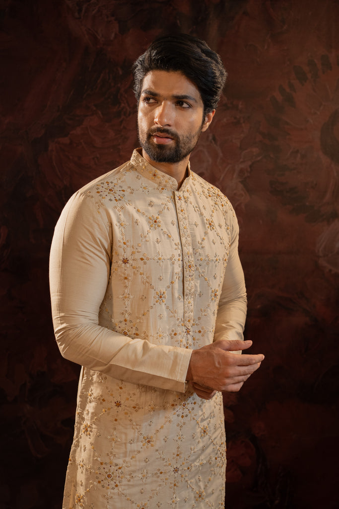 BEIGE SILK EMBROIDERED KURTA SET WITH FRENCH KNOTS