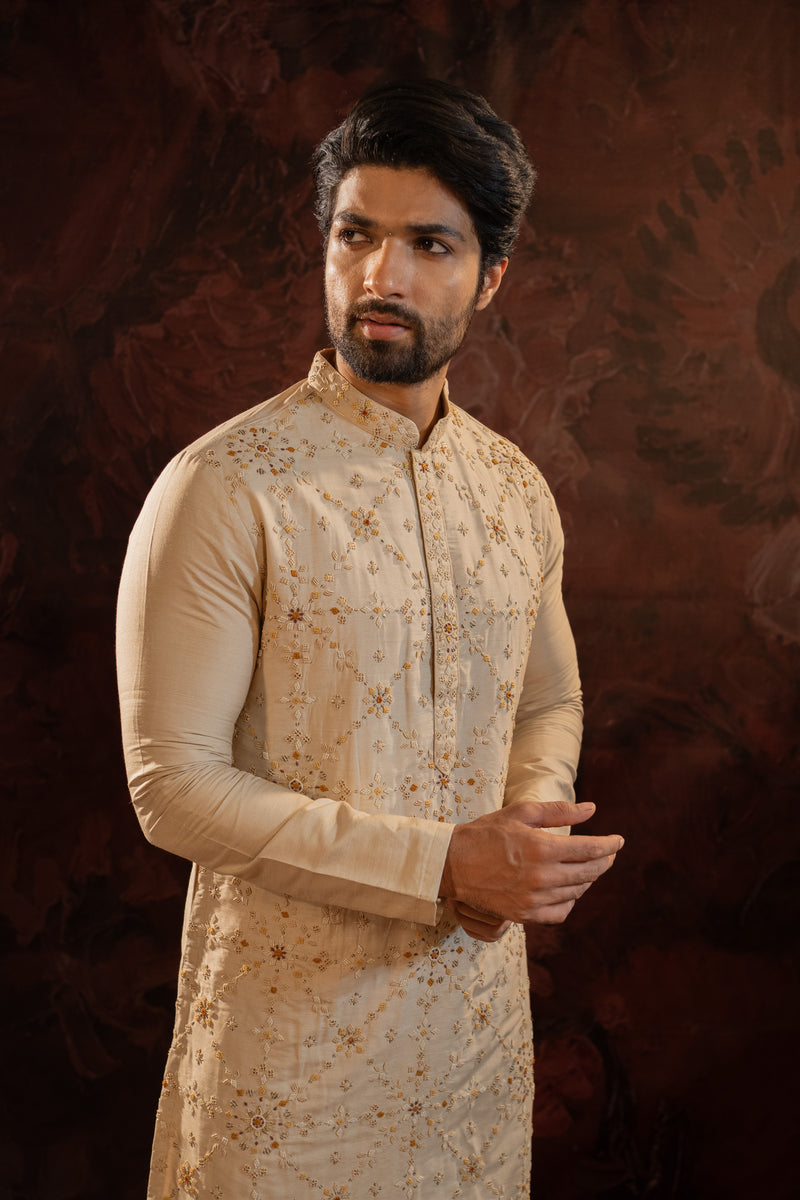 BEIGE SILK EMBROIDERED KURTA SET WITH FRENCH KNOTS