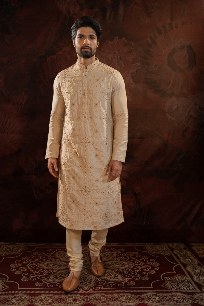 BEIGE SILK EMBROIDERED KURTA SET WITH FRENCH KNOTS