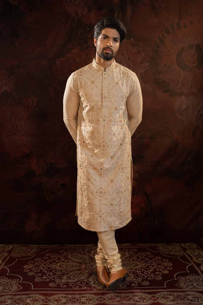 BEIGE SILK EMBROIDERED KURTA SET WITH FRENCH KNOTS