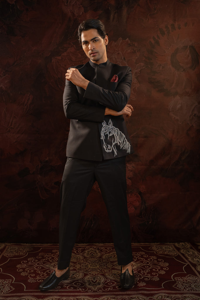 BLACK BANDHGALA WITH HORSE MOTIF