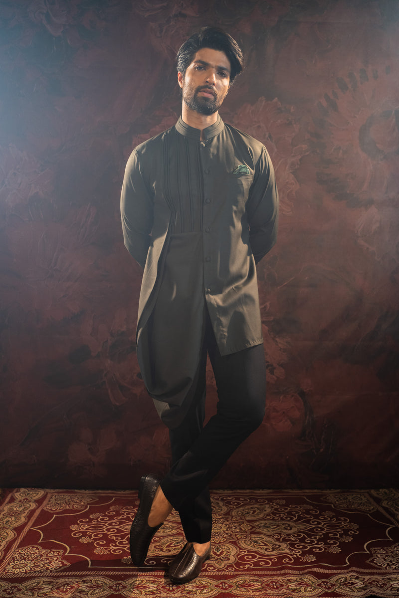 OLIVE ASYMMETRIC SHORT KURTA SET