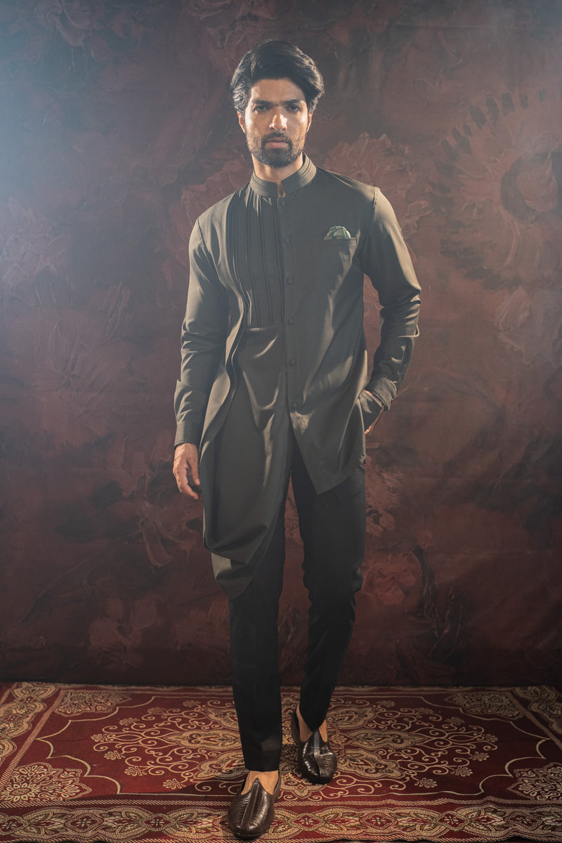 OLIVE ASYMMETRIC SHORT KURTA SET