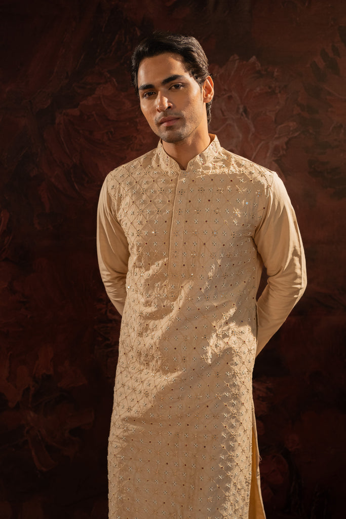 BEIGE SILK EMBROIDERED KURTA SET WITH PEARL HIGHLIGHTS