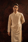 BEIGE SILK EMBROIDERED KURTA SET WITH PEARL HIGHLIGHTS