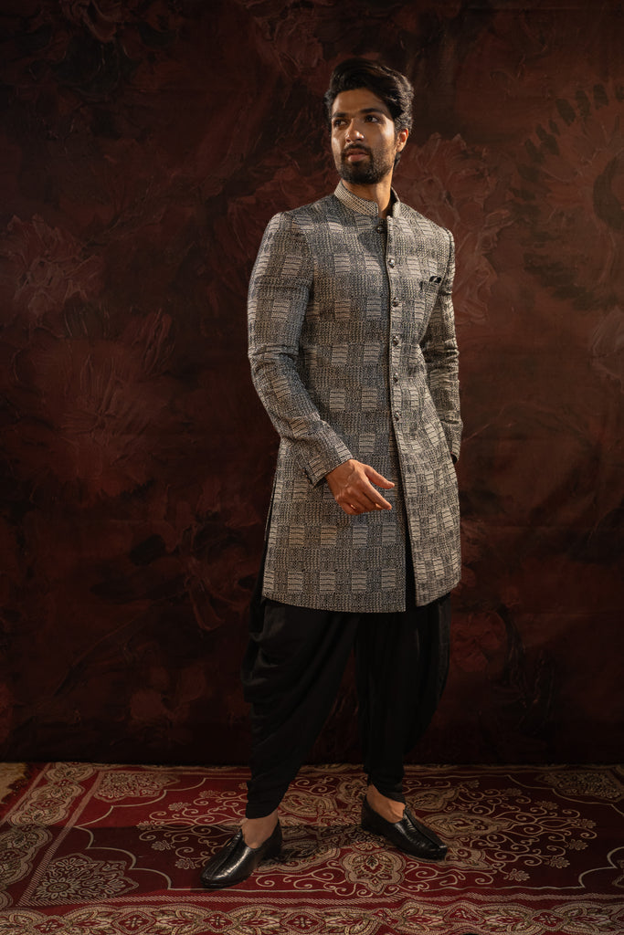BLACK EMBROIDERED BANDHGALA WITH COWL PANTS