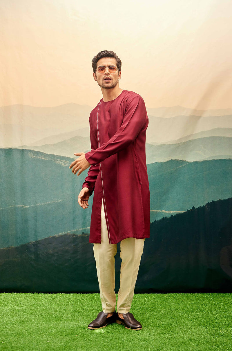 BURGUNDY OVERLAP KURTA SET WITH CREAM VERTICAL LINE