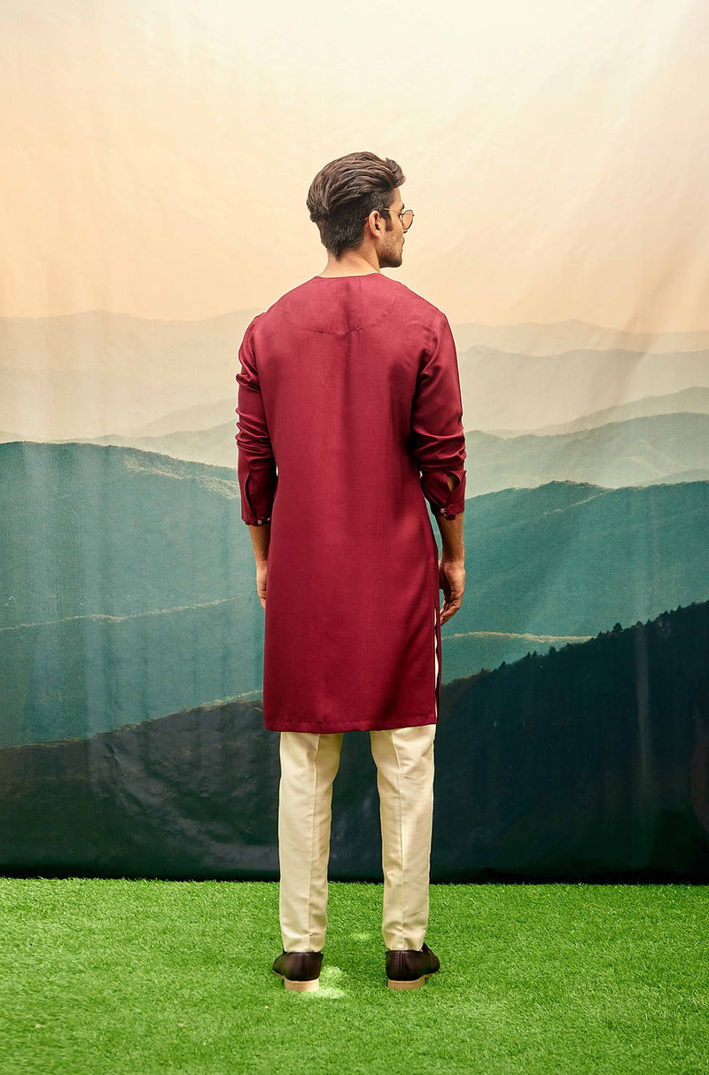 BURGUNDY OVERLAP KURTA SET WITH CREAM VERTICAL LINE