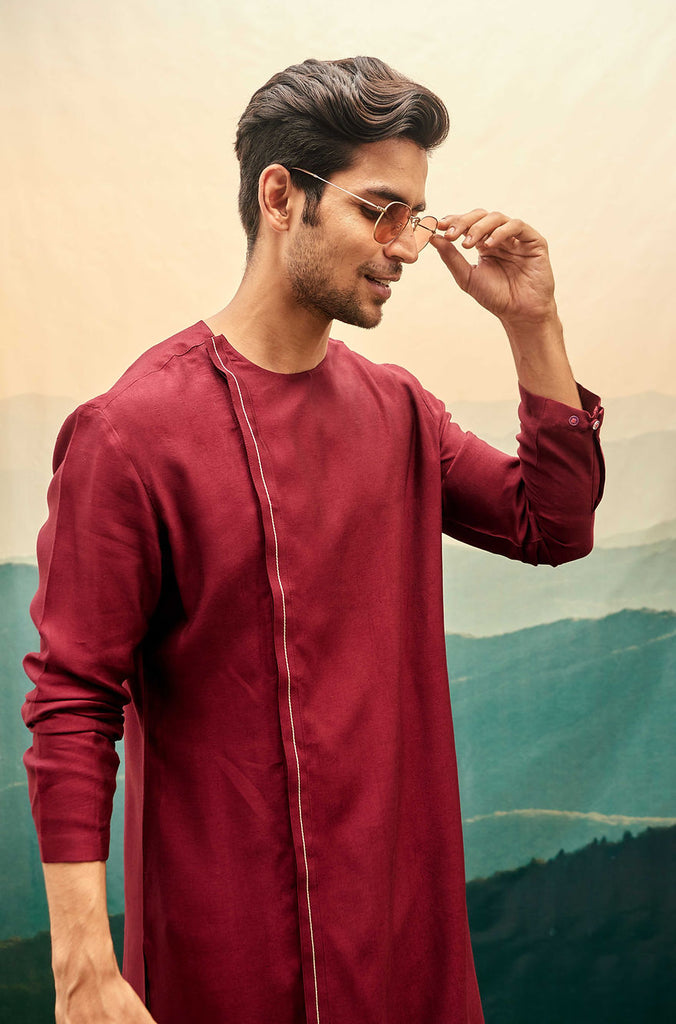 BURGUNDY OVERLAP KURTA SET WITH CREAM VERTICAL LINE